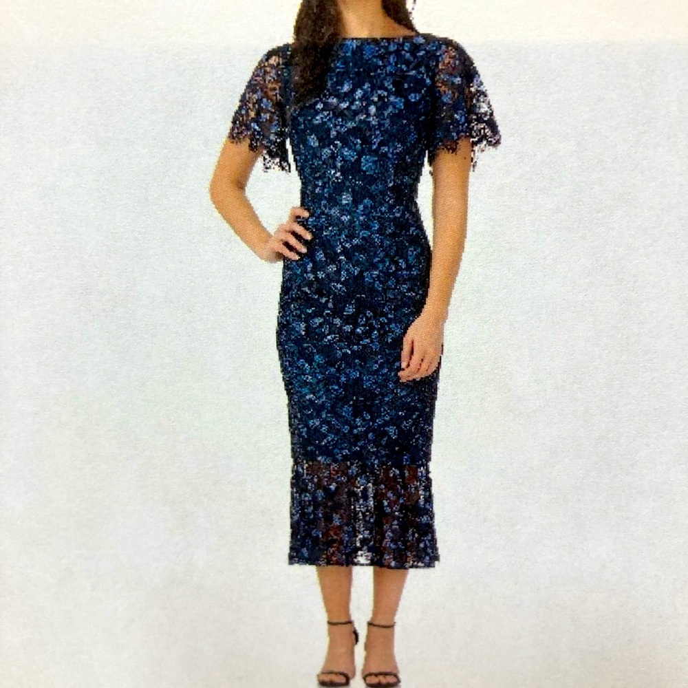 JS Collection Embroidered Lace Midi Dress, navy blue, size 2